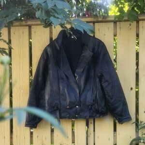 90s Y2K Vintage Black Leather Bomber Jacket Pleated Bikercore